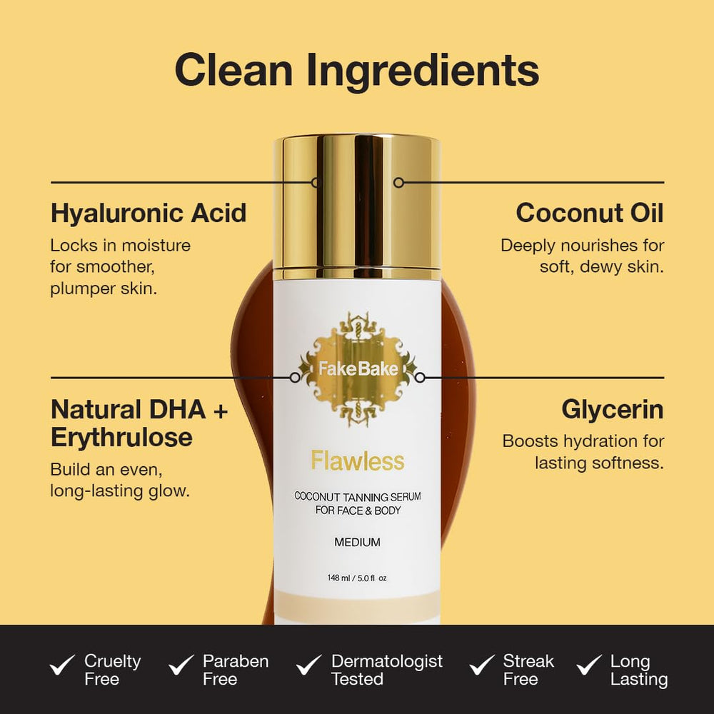 Fake Bake Flawless Coconut Serum hyaluronic-acid closeup features moisturising, plumping benefits.