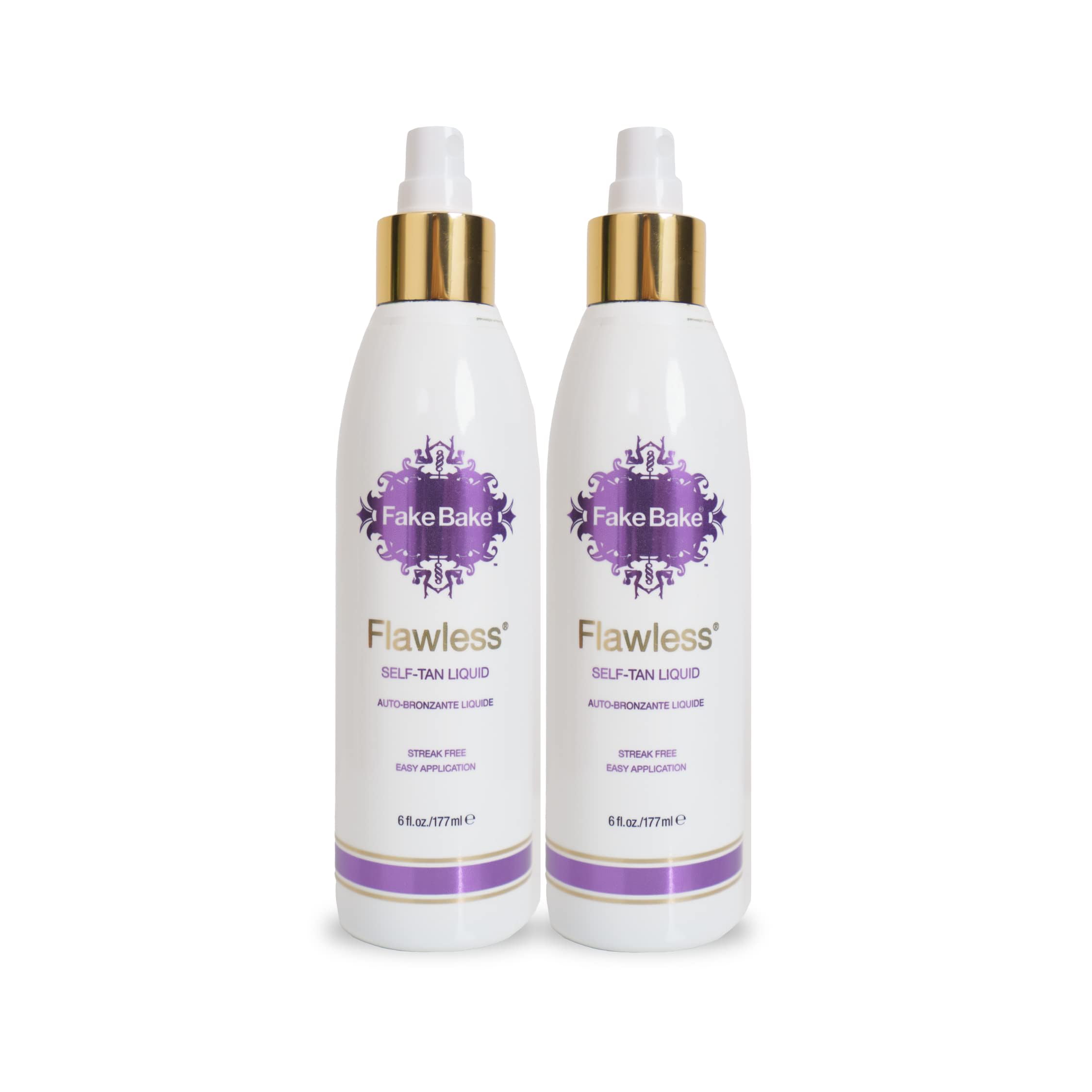 Fake Bake Flawless self-tanning liquid bottle with color guide for even application