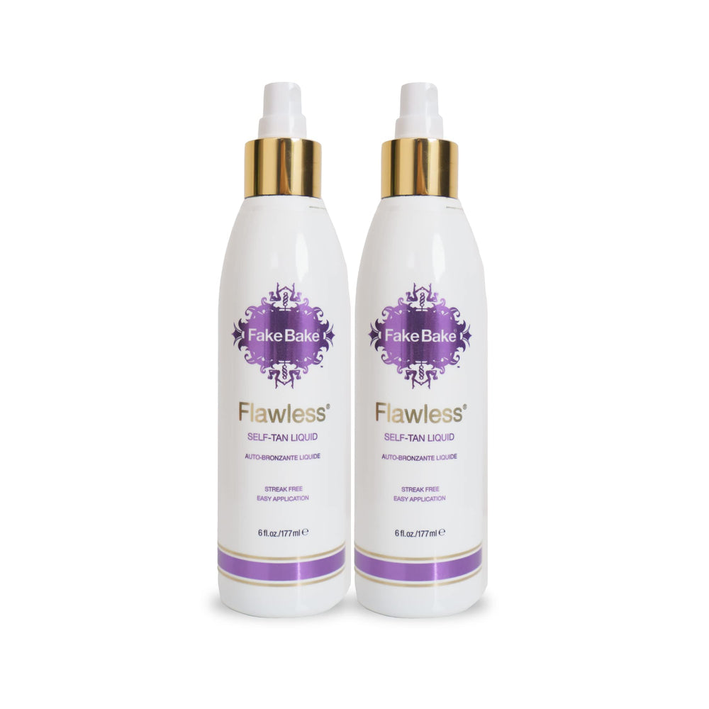 Fake Bake Flawless self-tanning liquid bottle with color guide for even application