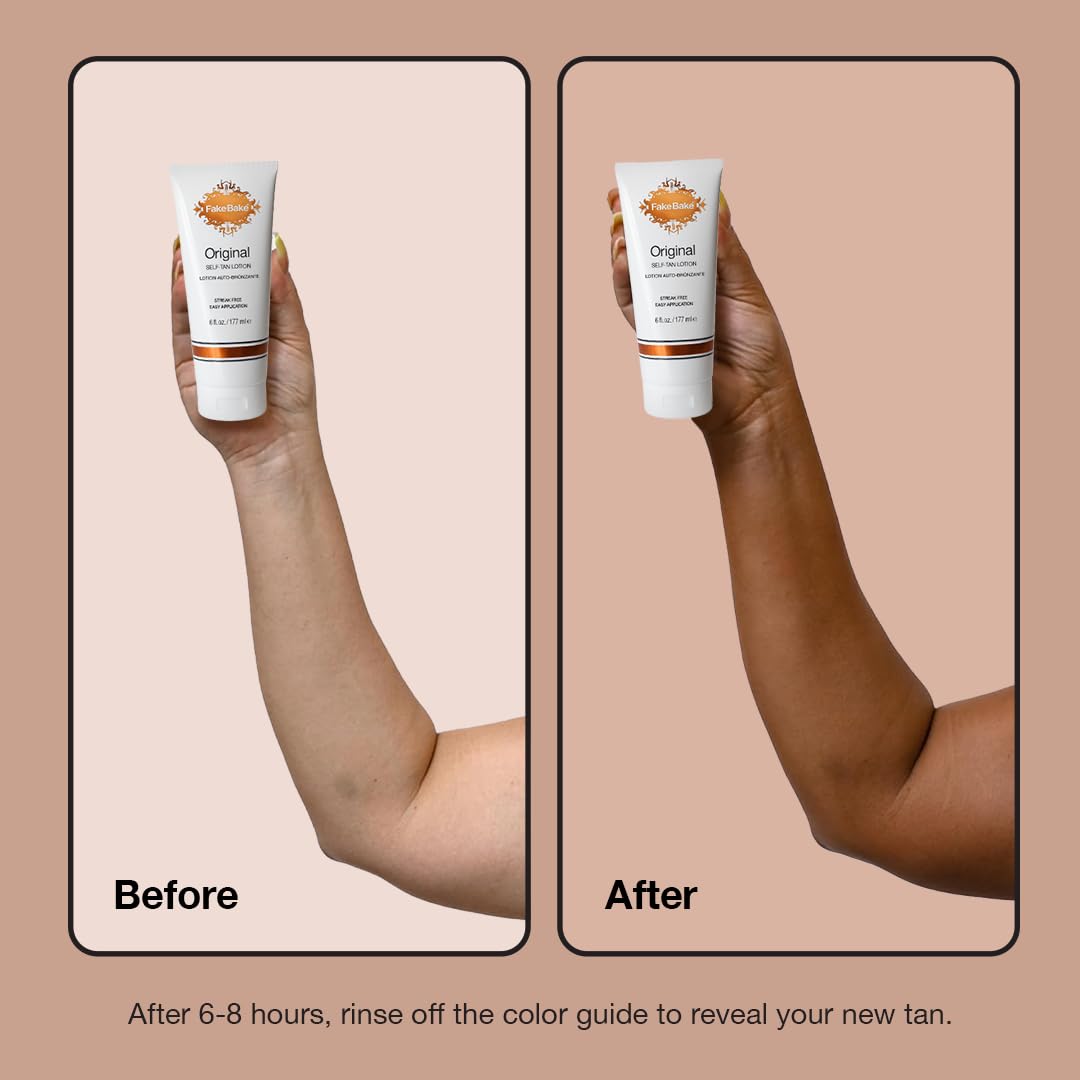 Fake Bake Self-Tanning Lotion is applied smoothly on skin for a natural glow.