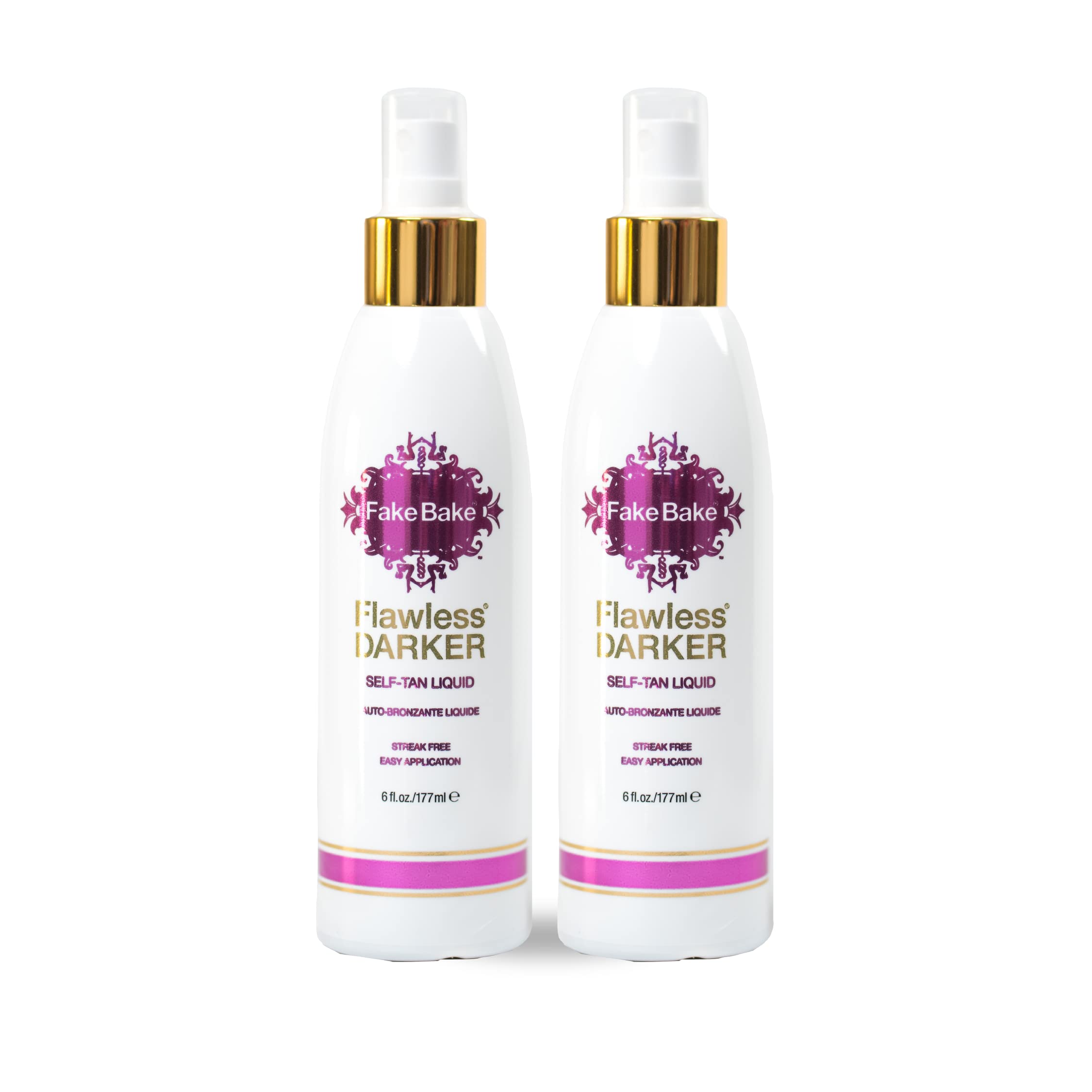 Fake Bake self-tanning liquid dark bottle shows streak-free bronze.