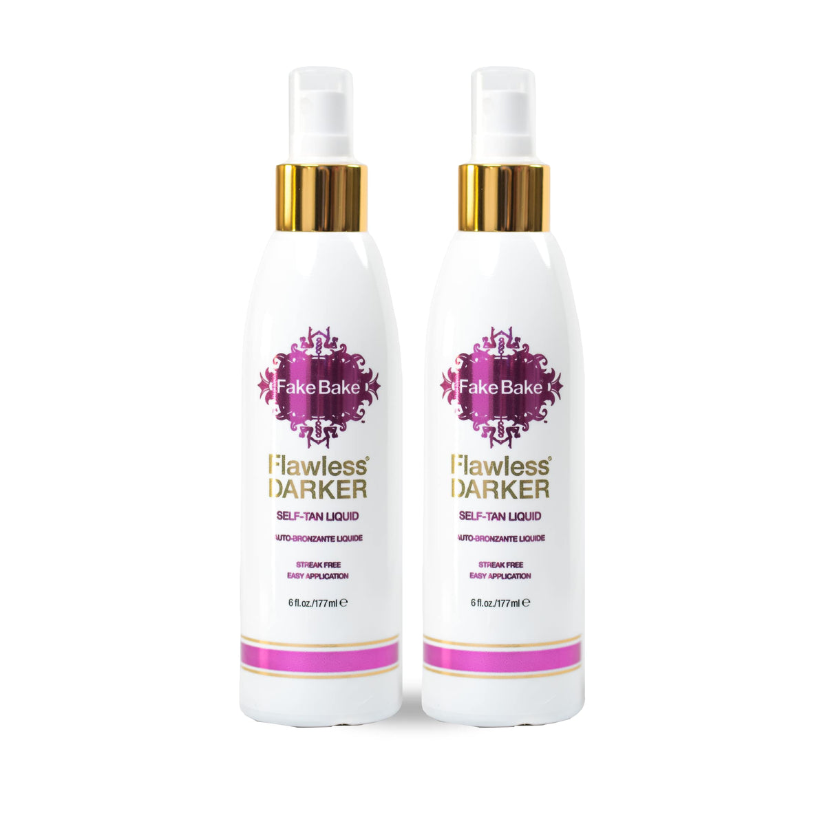 Fake Bake self-tanning liquid dark bottle shows streak-free bronze.