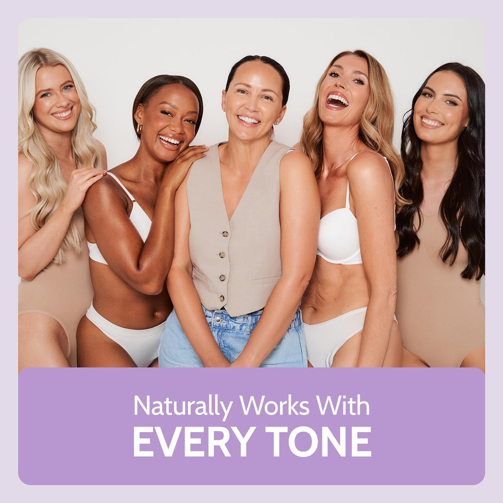 Fake Bake vegan paraben-free icons indicate clean beauty benefits.