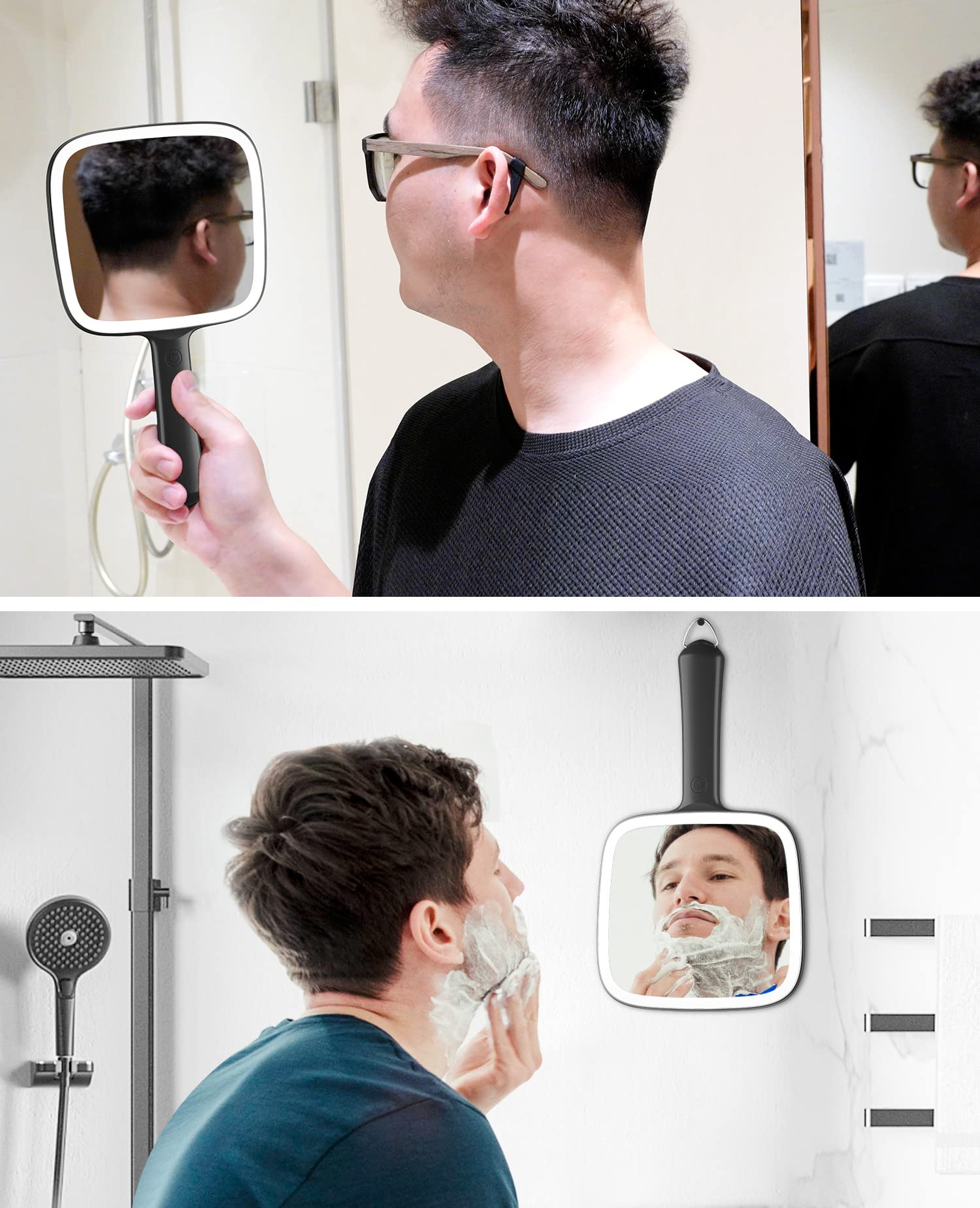 Famihomii hook-design lighted mirror for hanging on vanity or station.