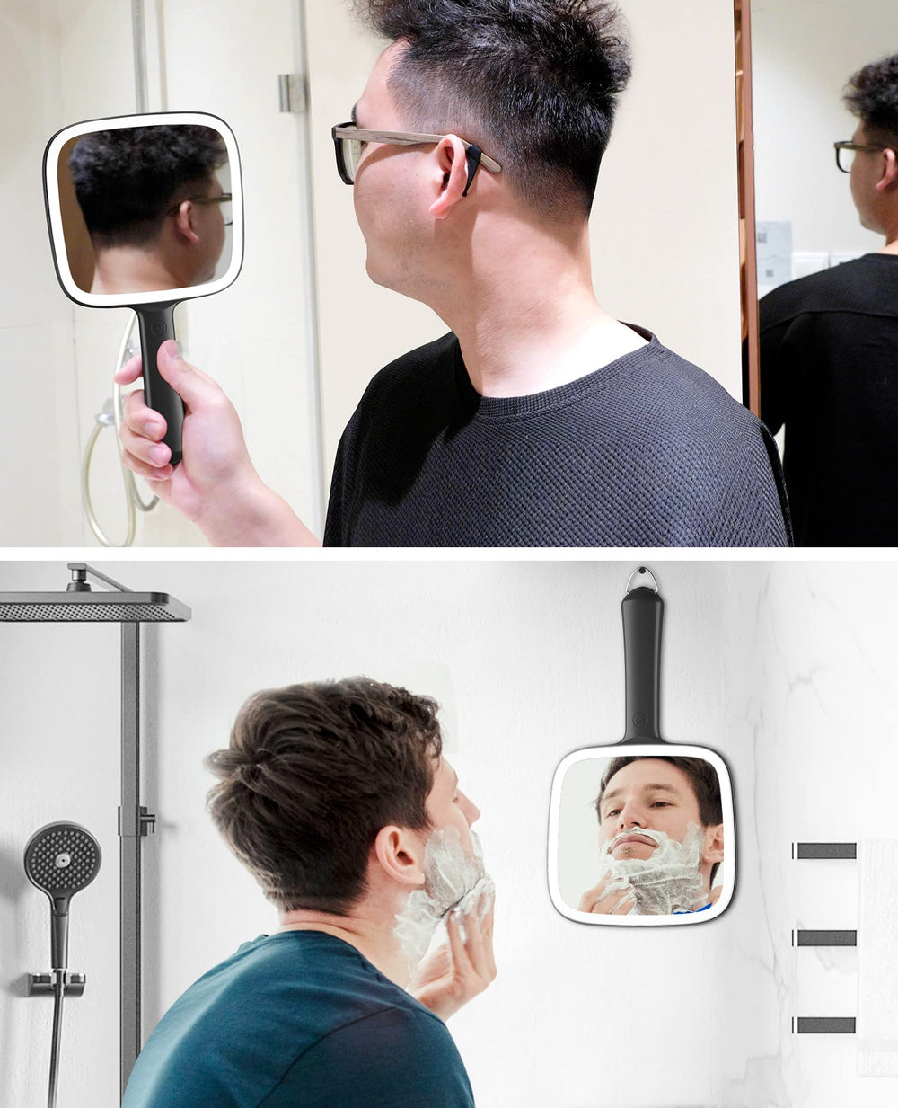 Famihomii hook-design lighted mirror for hanging on vanity or station.