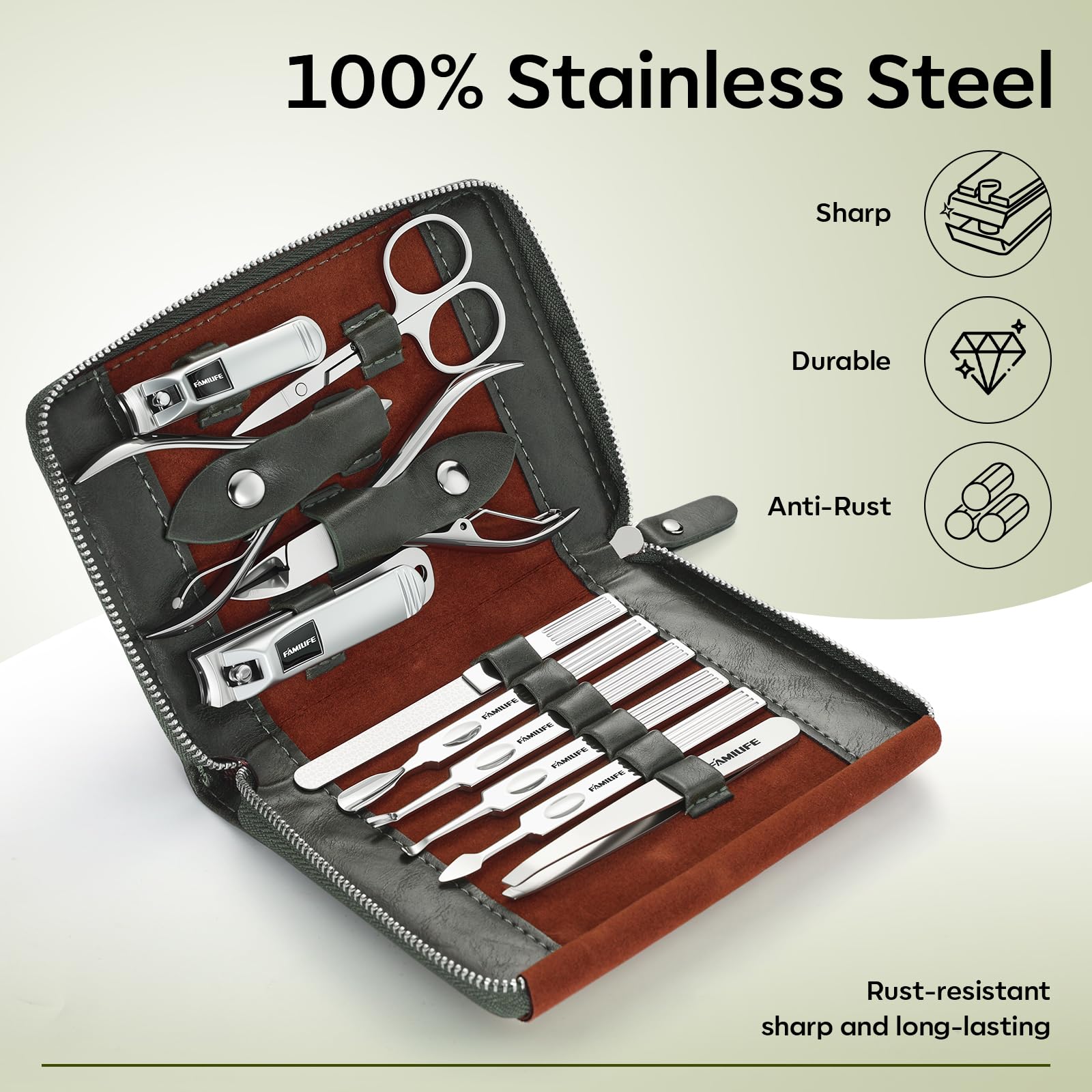 FAMILIFE 11-piece tools closeup, durable stainless steel for precise trimming