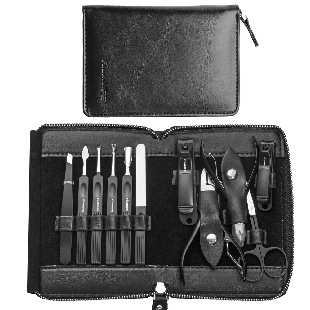FAMILIFE 11-in-1 nail care kit case keeps tools organized for easy home grooming.