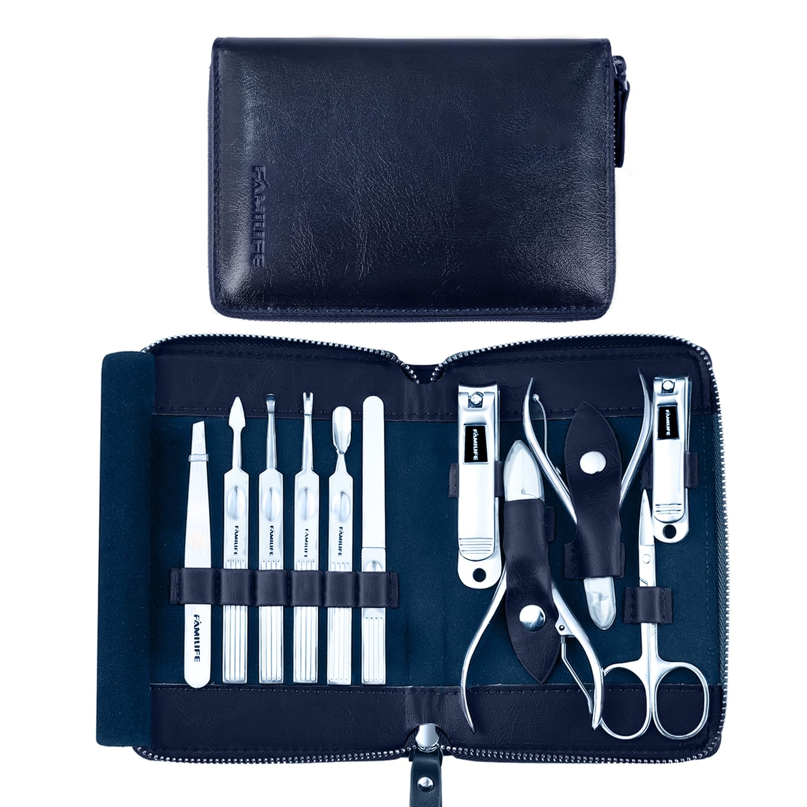FAMILIFE 11pcs manicure kit with blue leather case for travel grooming