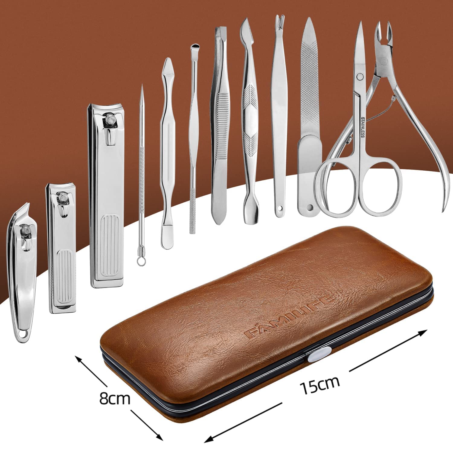FAMILIFE 12-piece stainless steel nail tools for durable, reliable grooming