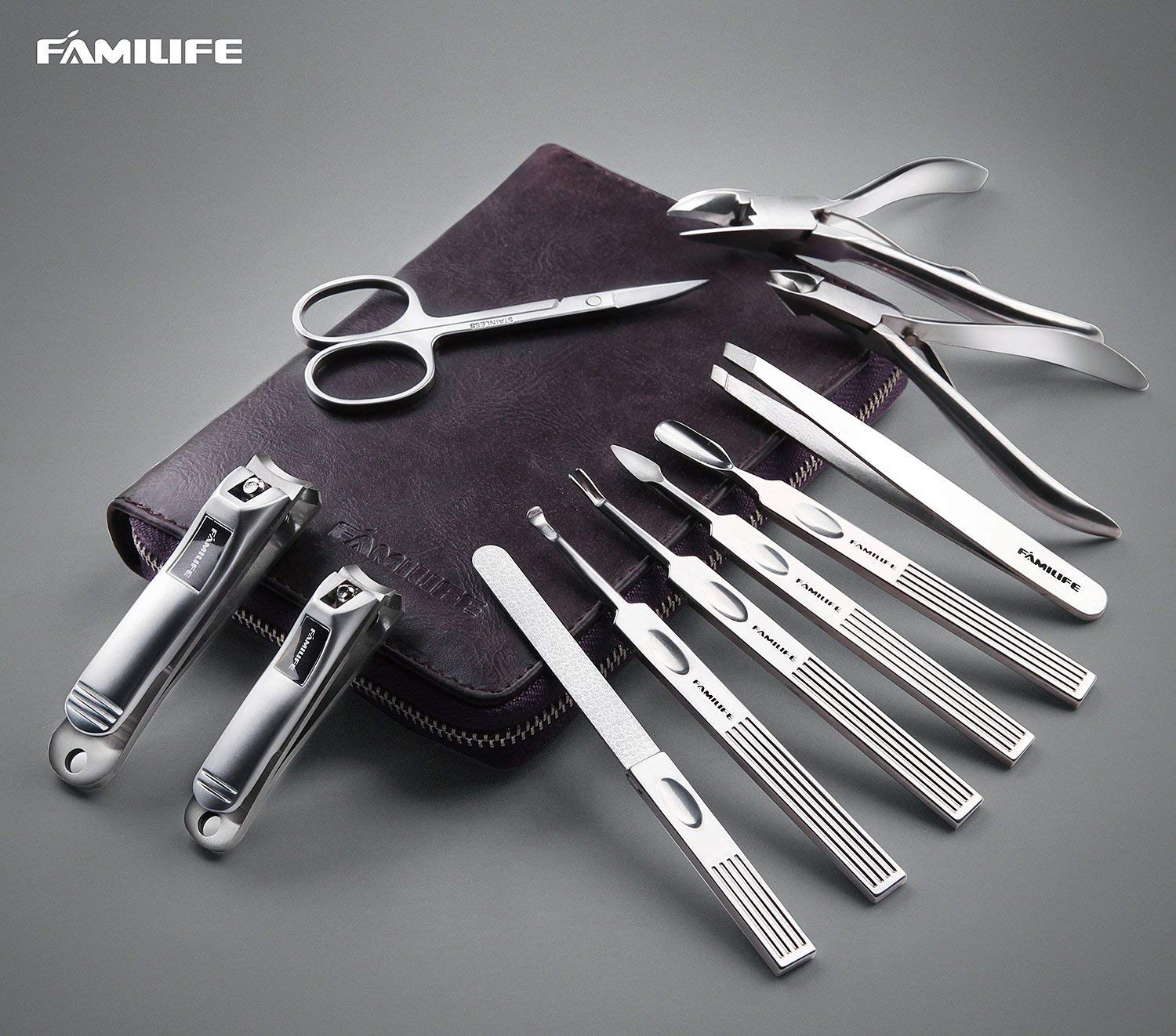 FAMILIFE leather travel case in dark violet for portable manicure tools.