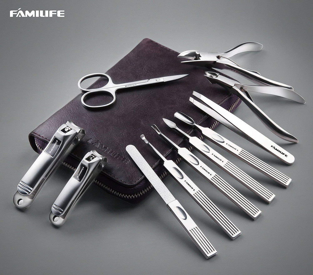 FAMILIFE leather travel case in dark violet for portable manicure tools.