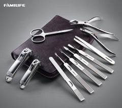 FAMILIFE leather travel case in dark violet for portable manicure tools.