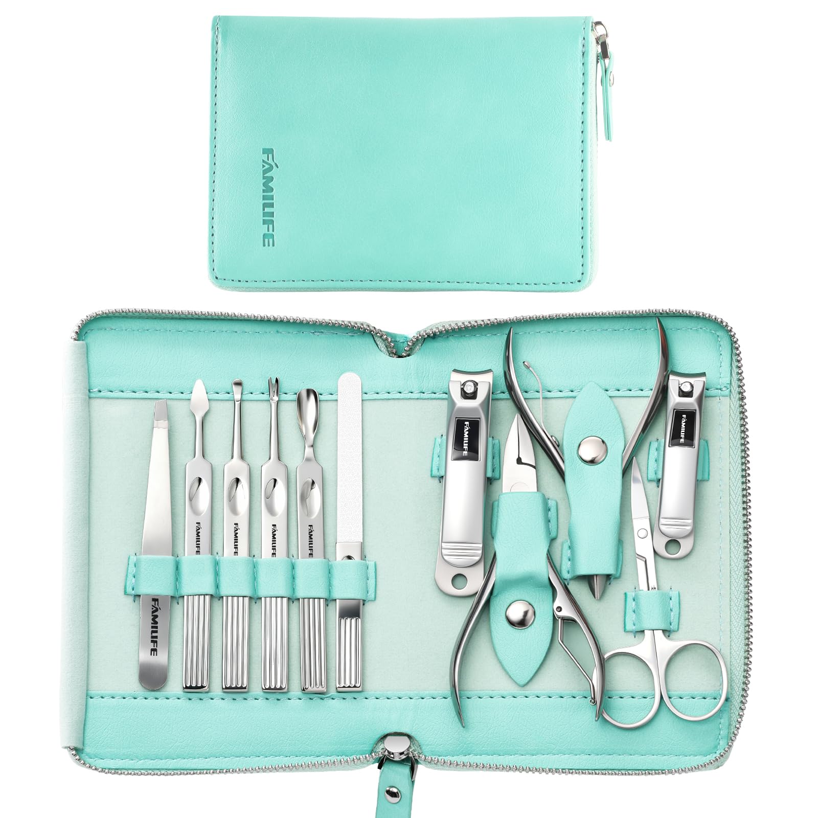 FAMILIFE manicure kit 11in1 case view emphasizes organized home and travel nail care.