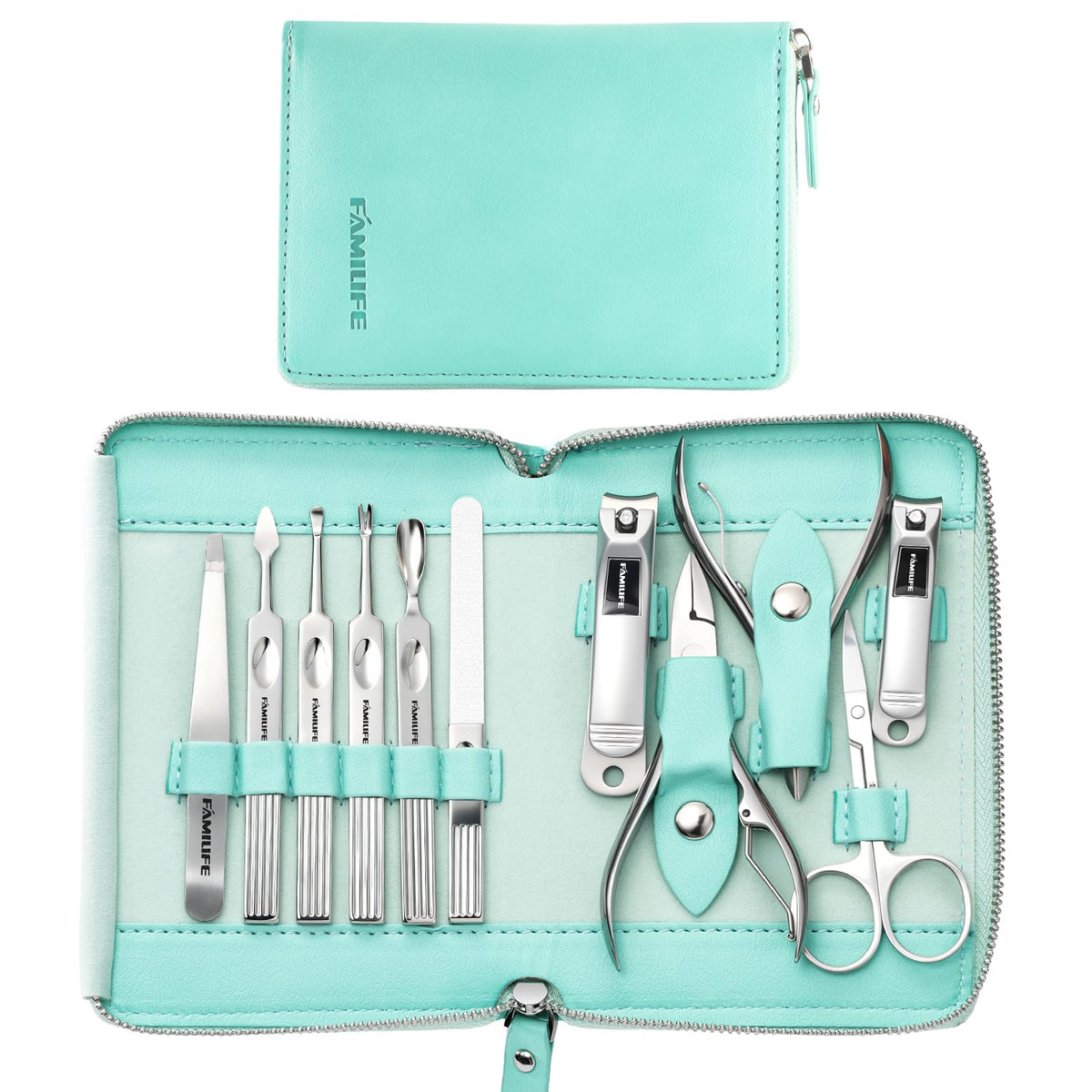 FAMILIFE manicure kit 11in1 case view emphasizes organized home and travel nail care.
