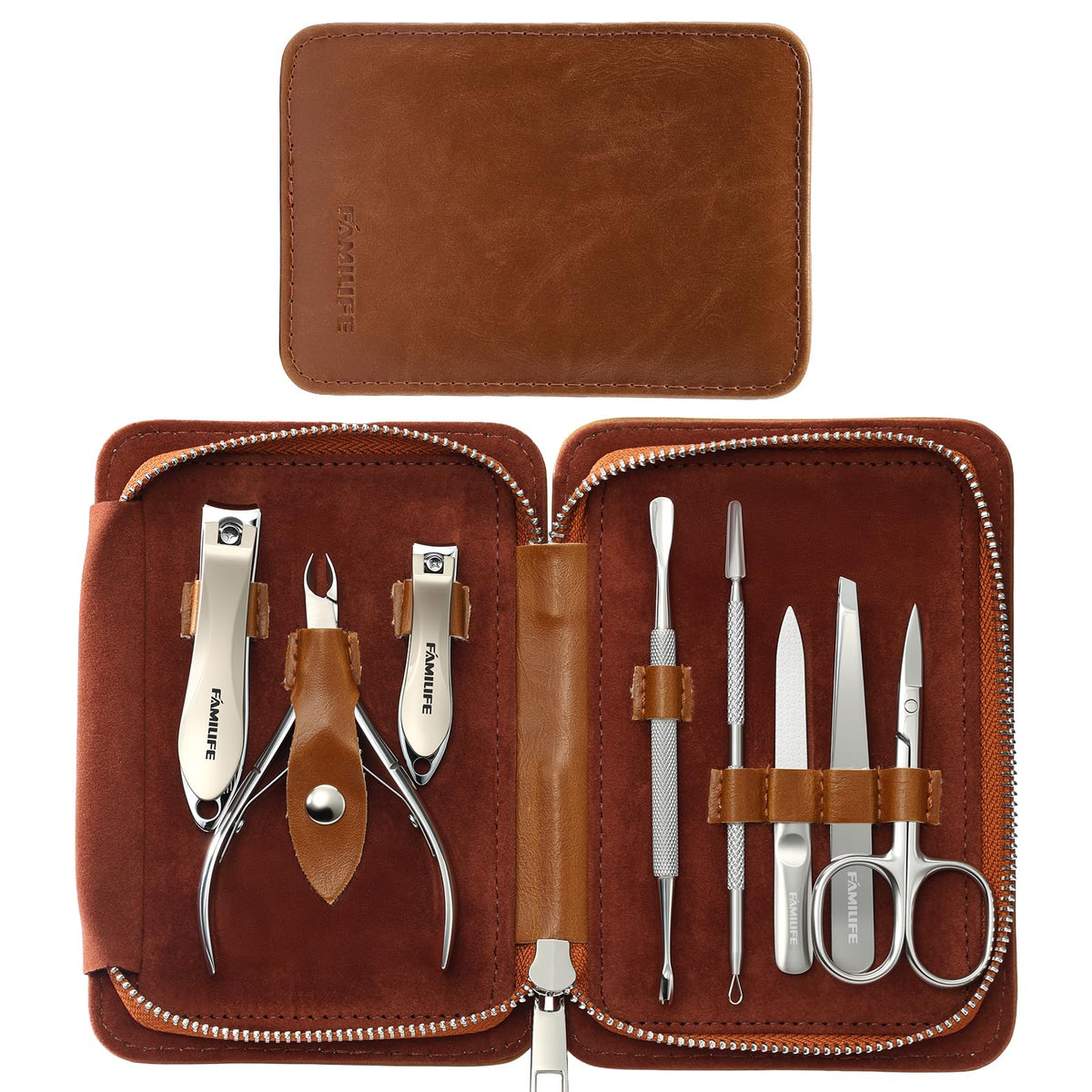 FAMILIFE manicure kit 8pcs tools shows compact at-home grooming versatility.