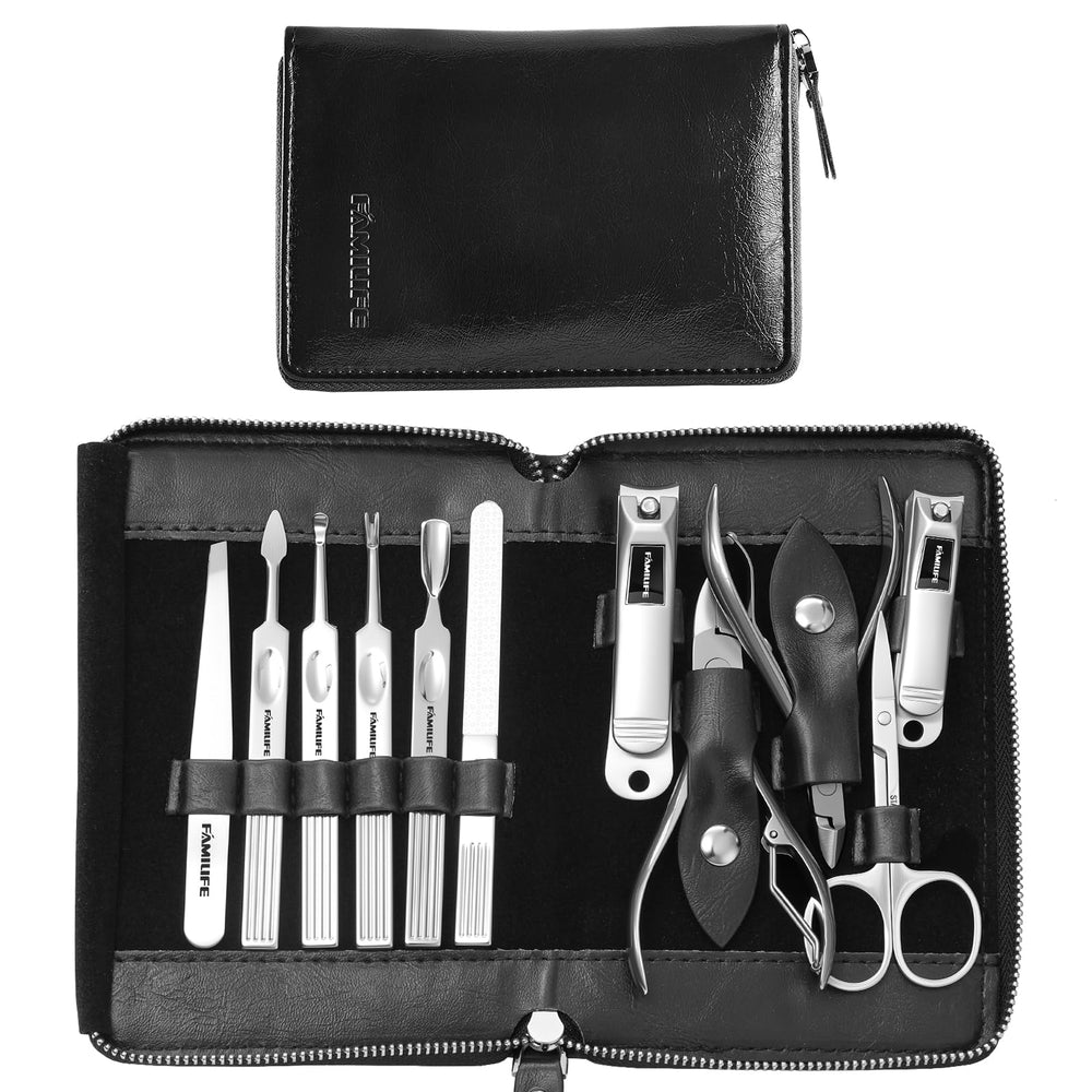 FAMILIFE manicure kit case front shows portable luxury for on-the-go grooming.