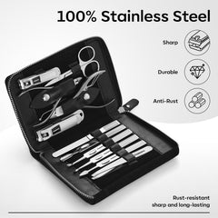 FAMILIFE manicure kit case open reveals organized leather interior for easy tool access.