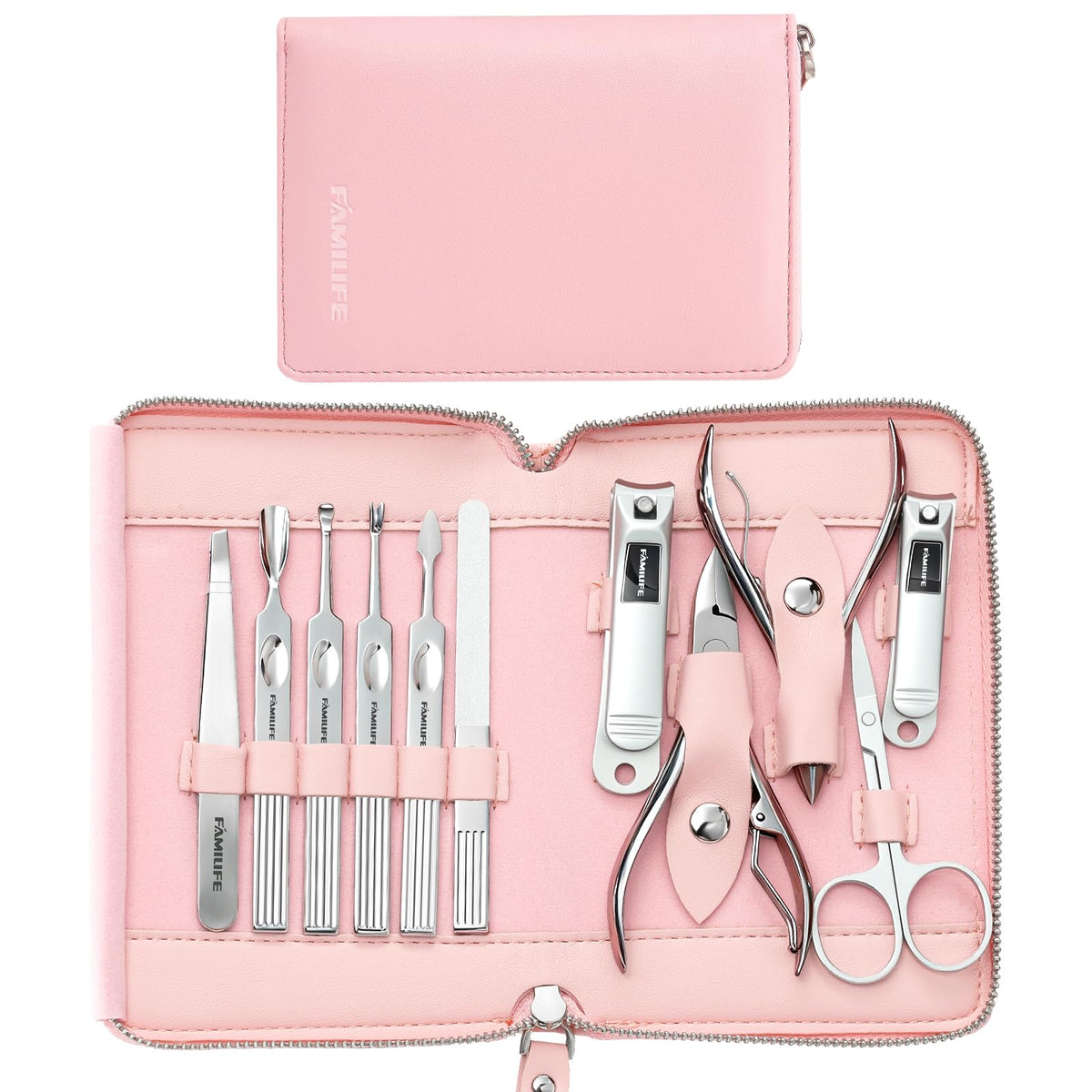 FAMILIFE manicure set professional case open for home grooming with 11 tools.