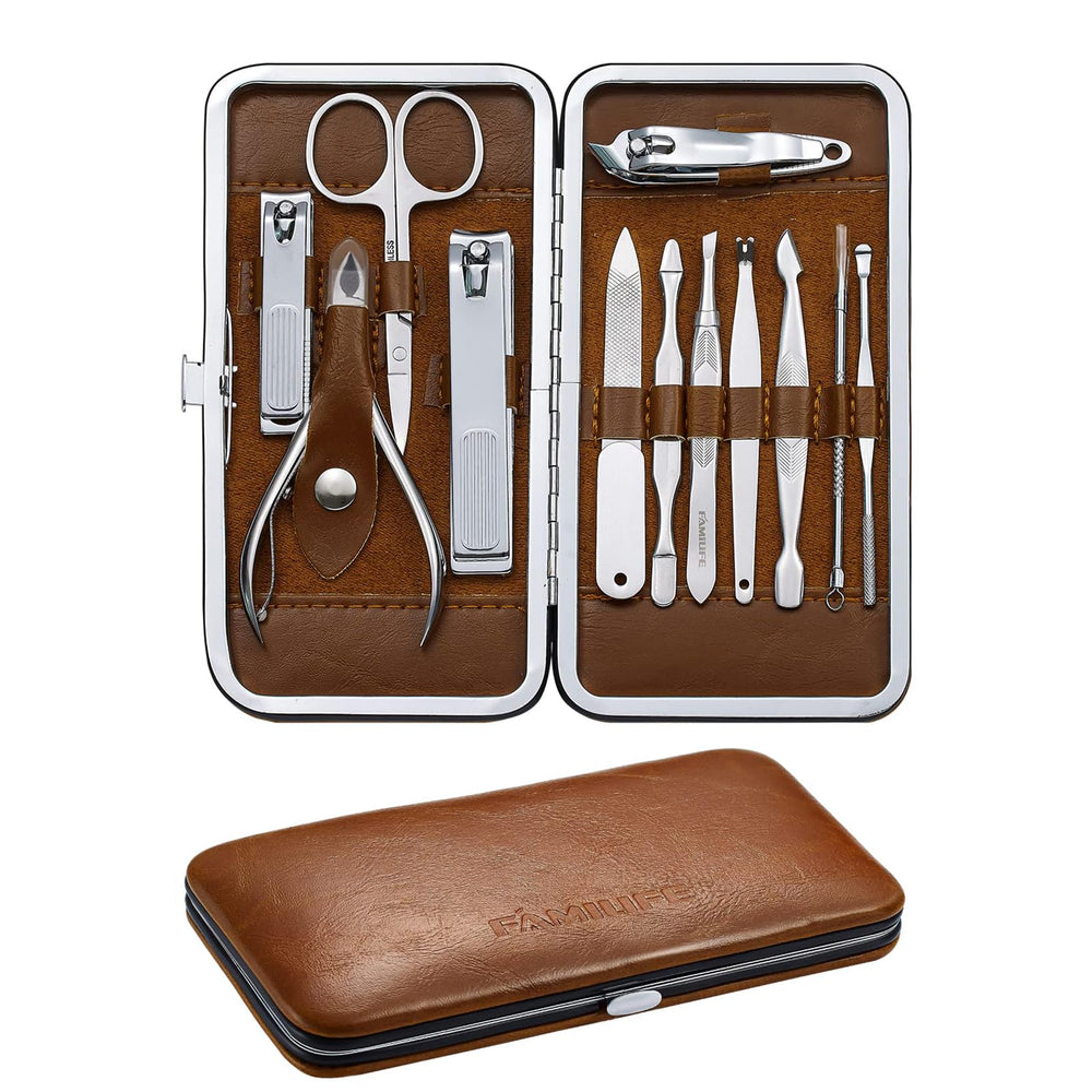 FAMILIFE manicure set travel case, premium brown leather storage for organized grooming on the go