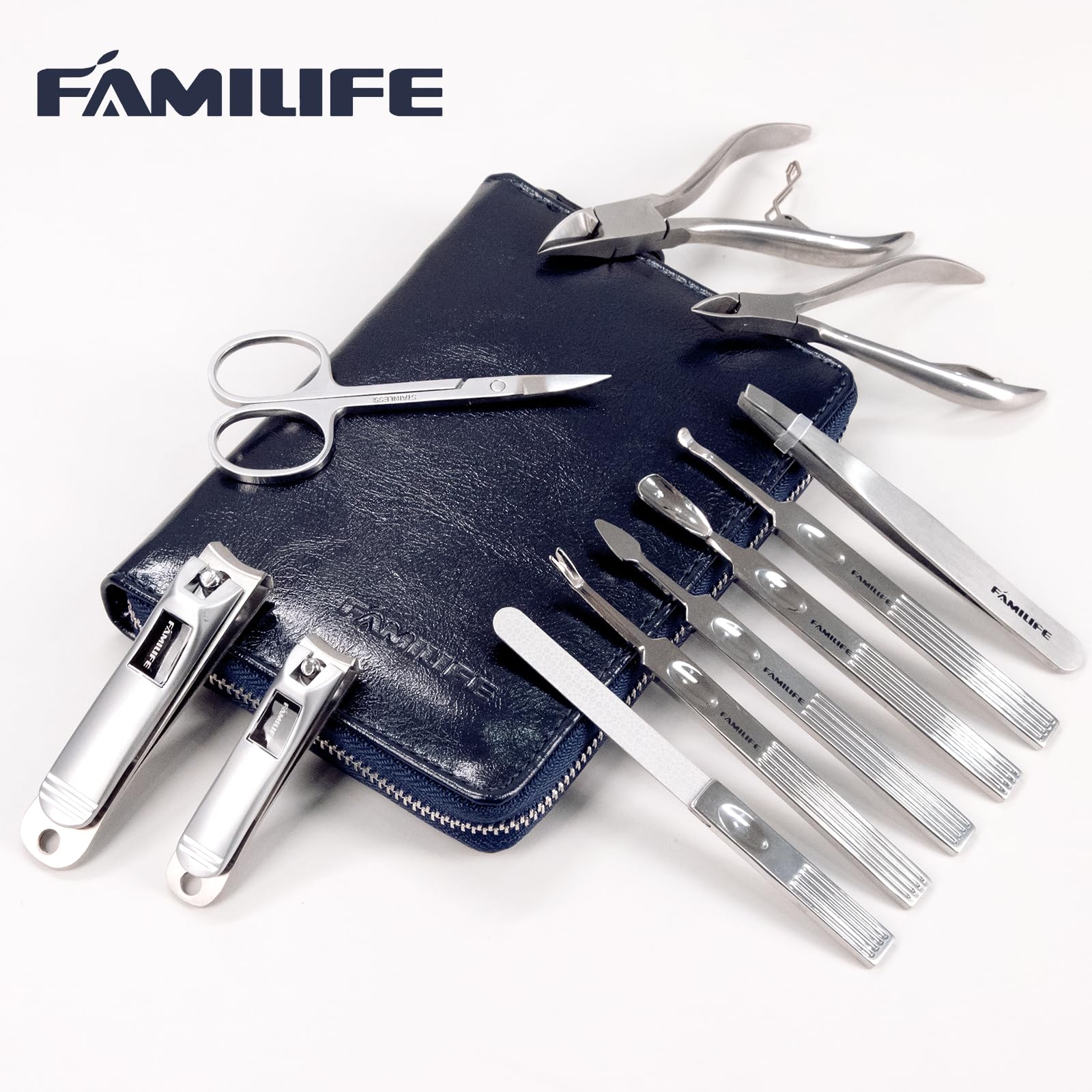 FAMILIFE manicure tools closeup highlighting stainless steel precision for clean cuts