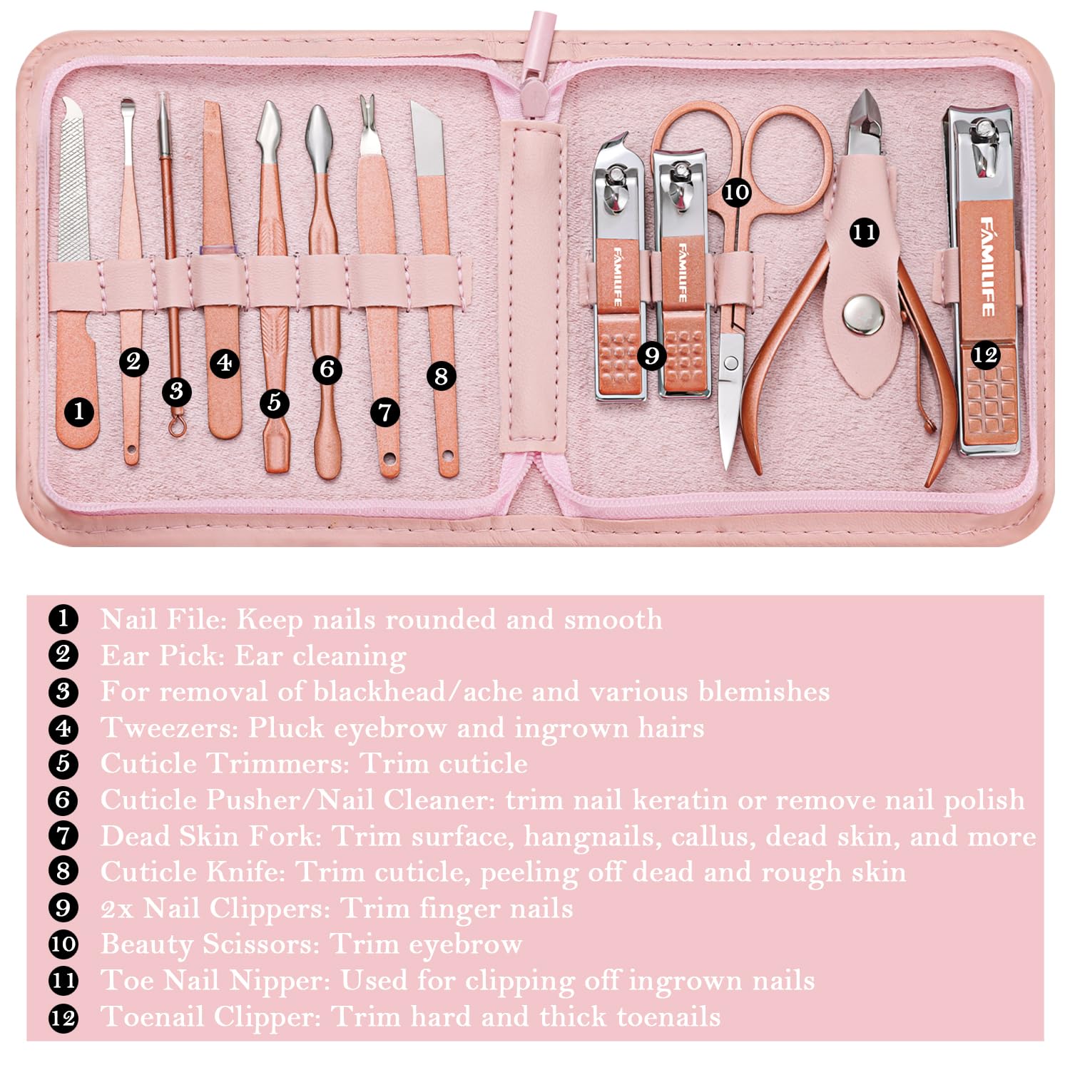 FAMILIFE multi-function scissors for trimming nails and shaping edges.