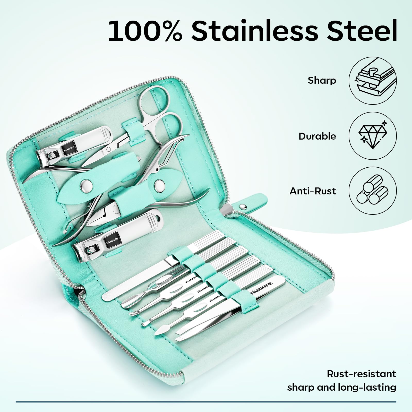 FAMILIFE nail clipper set closeup showcases sharp durable stainless steel for precise trims.