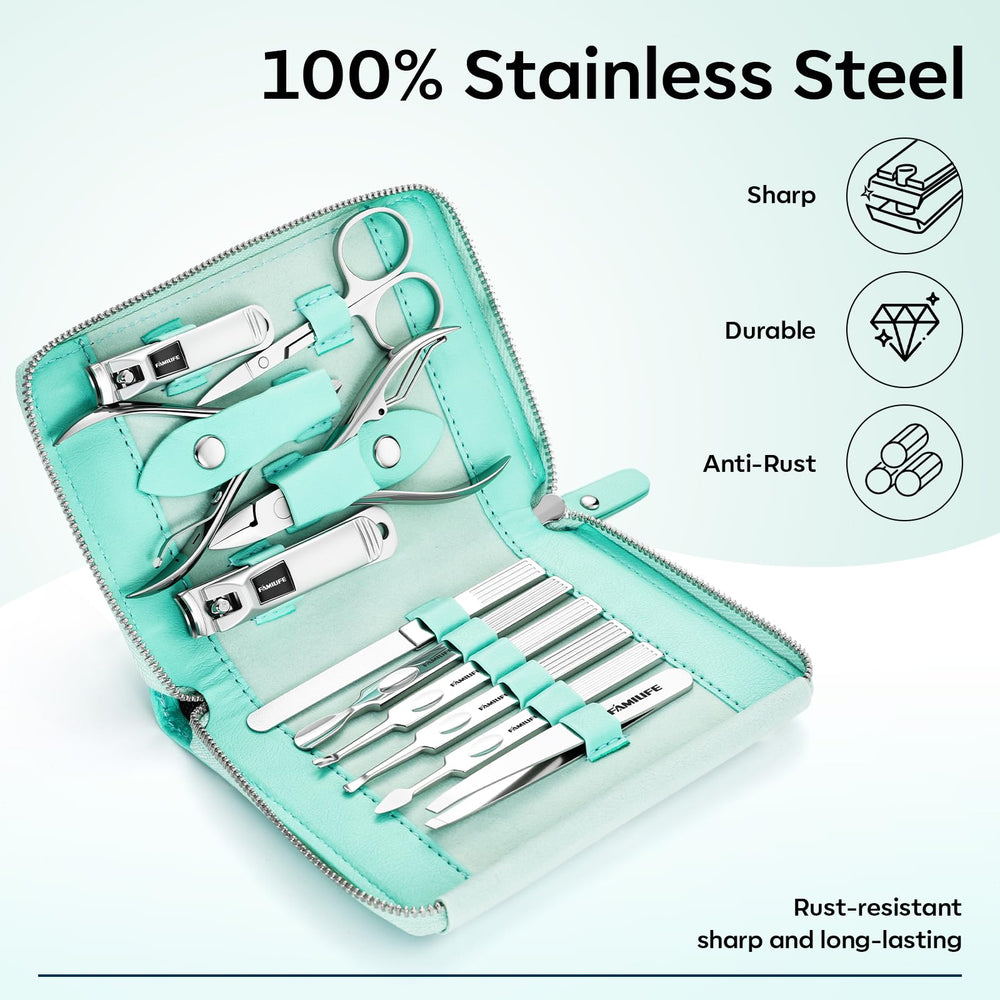 FAMILIFE nail clipper set closeup showcases sharp durable stainless steel for precise trims.