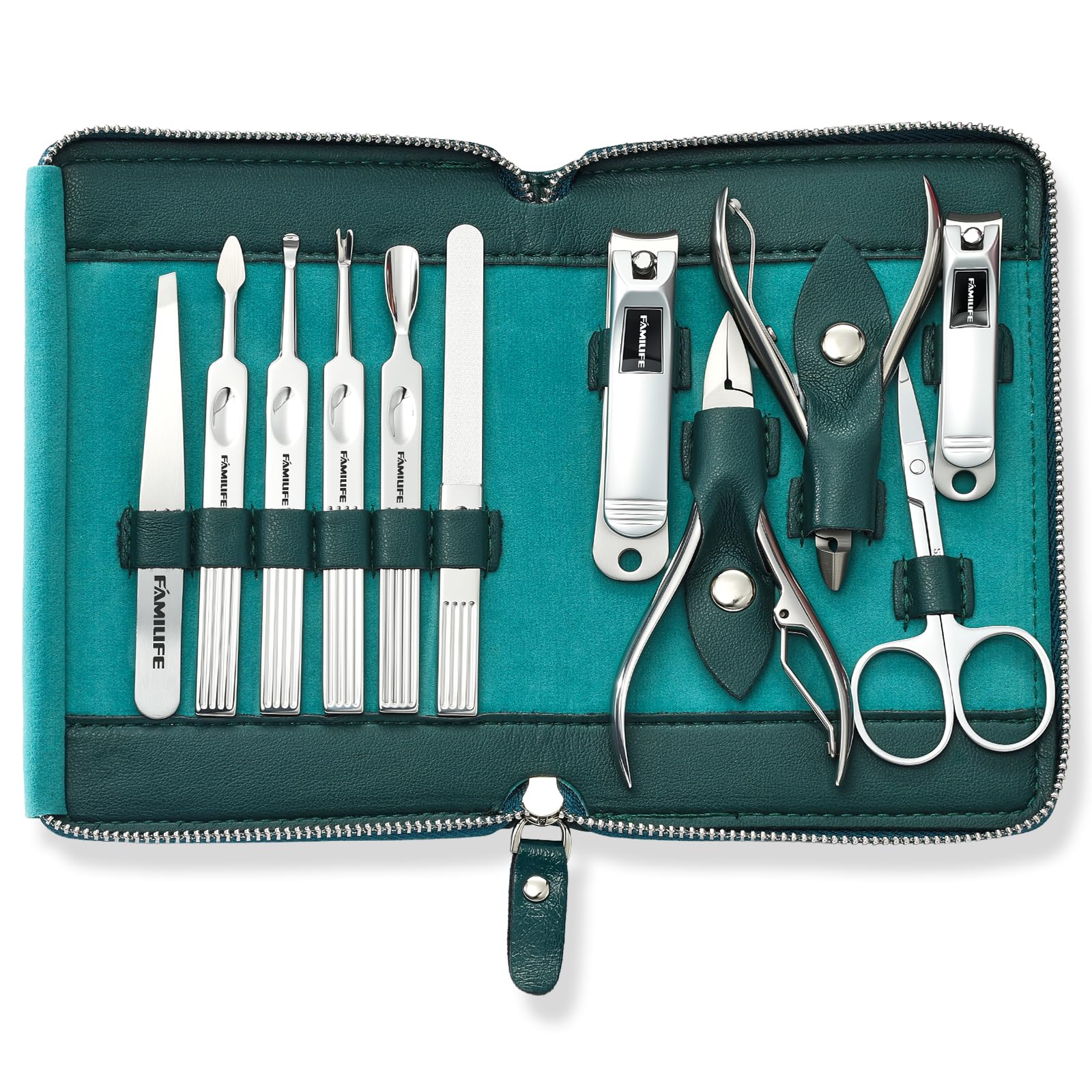 FAMILIFE blue-leather travel-case keeps tools organized on the go.