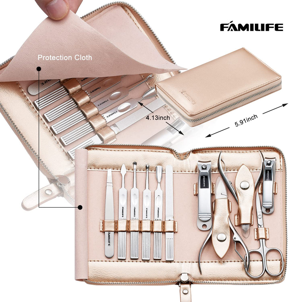 FAMILIFE rose gold leather case closed for compact, portable grooming on the go