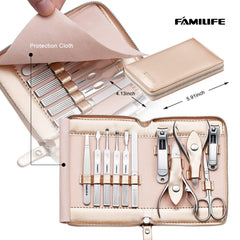 FAMILIFE rose gold leather case closed for compact, portable grooming on the go