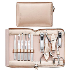 FAMILIFE rose gold leather case open showing organized manicure tools for travel convenience