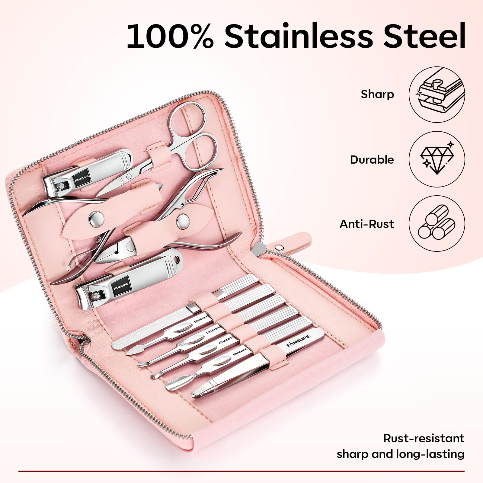 FAMILIFE stainless steel tools close-up shows durability and sharp performance.