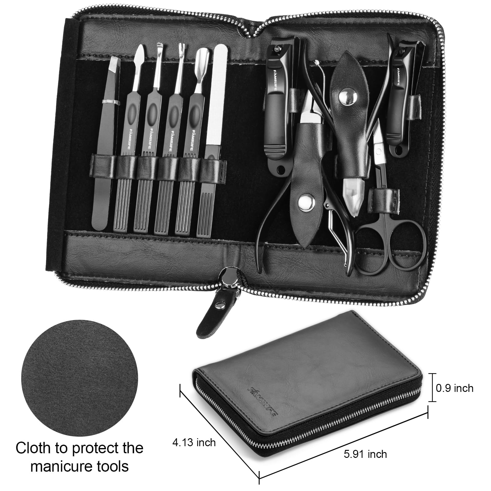 FAMILIFE stainless steel tools arranged on vanity for efficiency.
