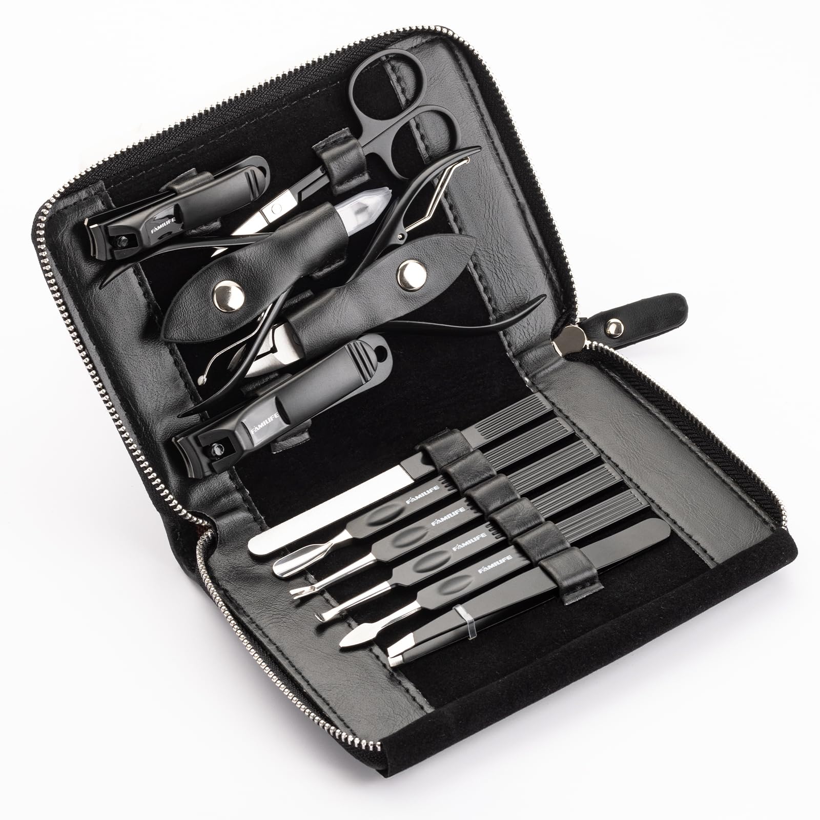 FAMILIFE travel leather case open showing portable grooming kit.