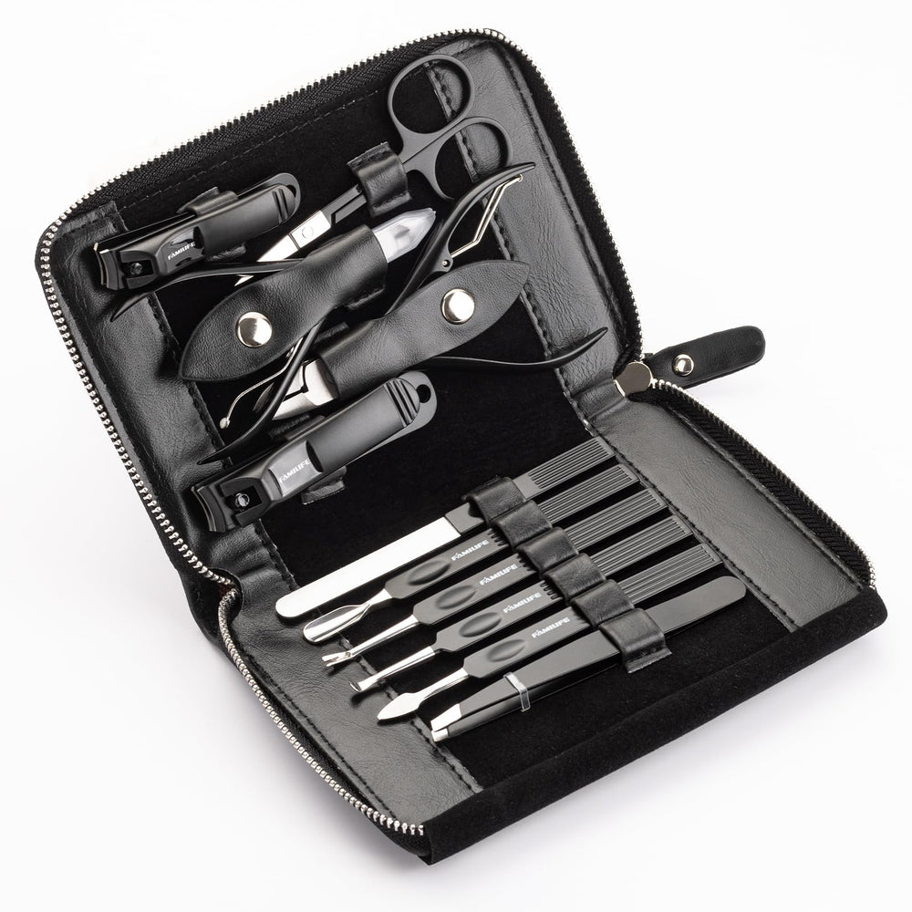 FAMILIFE travel leather case open showing portable grooming kit.