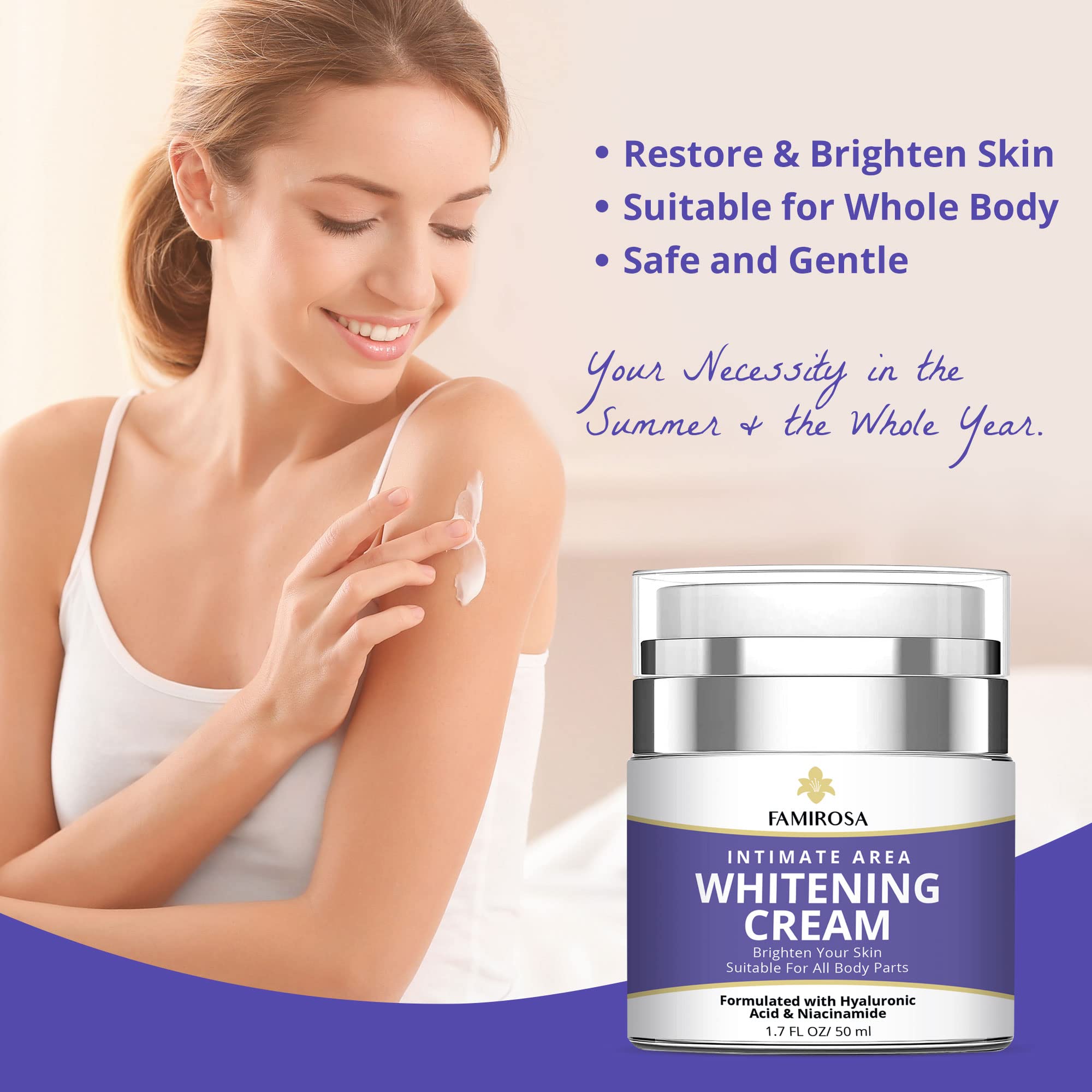 FAMIROSA Niacinamide Vitamin-C Hyaluronic-Acid ingredients graphic signals soothing, balanced care.