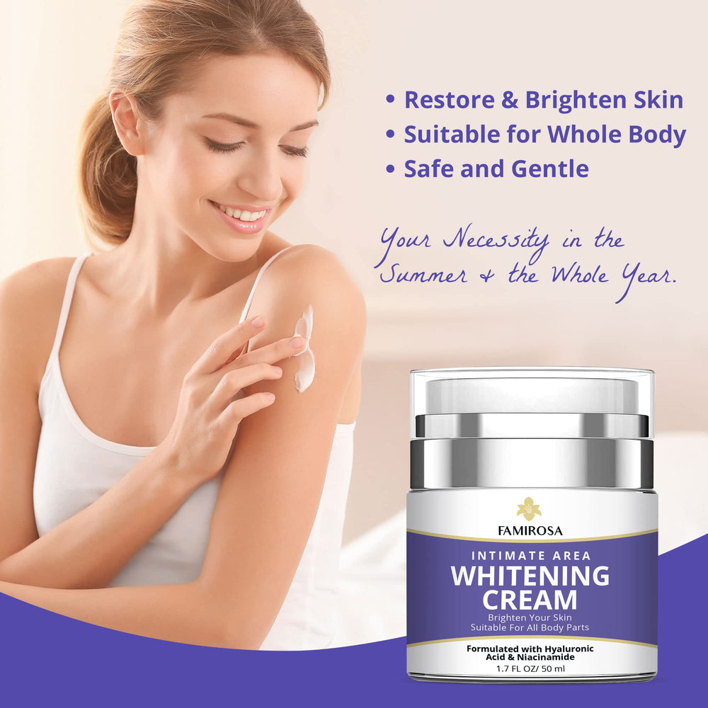 FAMIROSA Niacinamide Vitamin-C Hyaluronic-Acid ingredients graphic signals soothing, balanced care.