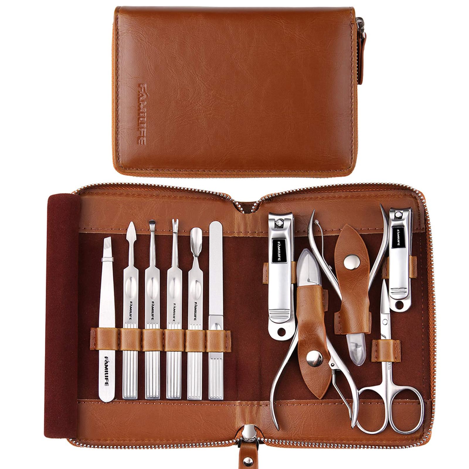 FAMILIFE manicure set case open showing organized leather travel case for on-the-go grooming.