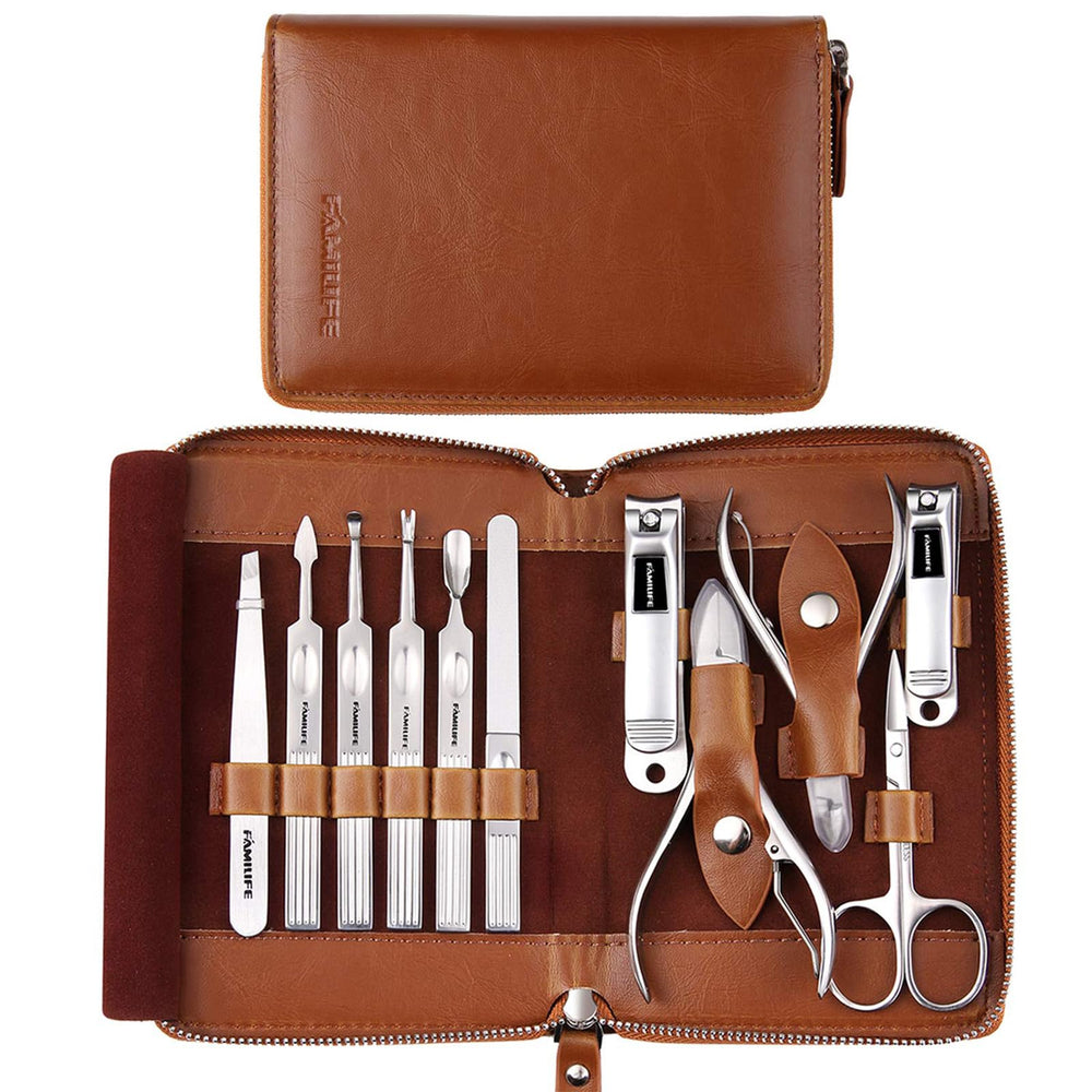 FAMILIFE manicure set case open showing organized leather travel case for on-the-go grooming.