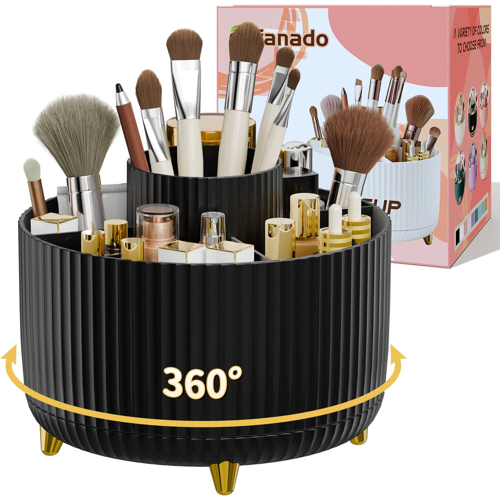 Fanado 360° rotation organizer on vanity for quick access to makeup tools.