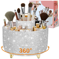 Fanado Bling 360 rotate makeup brush holder front view, sparkling surface adds vanity appeal.