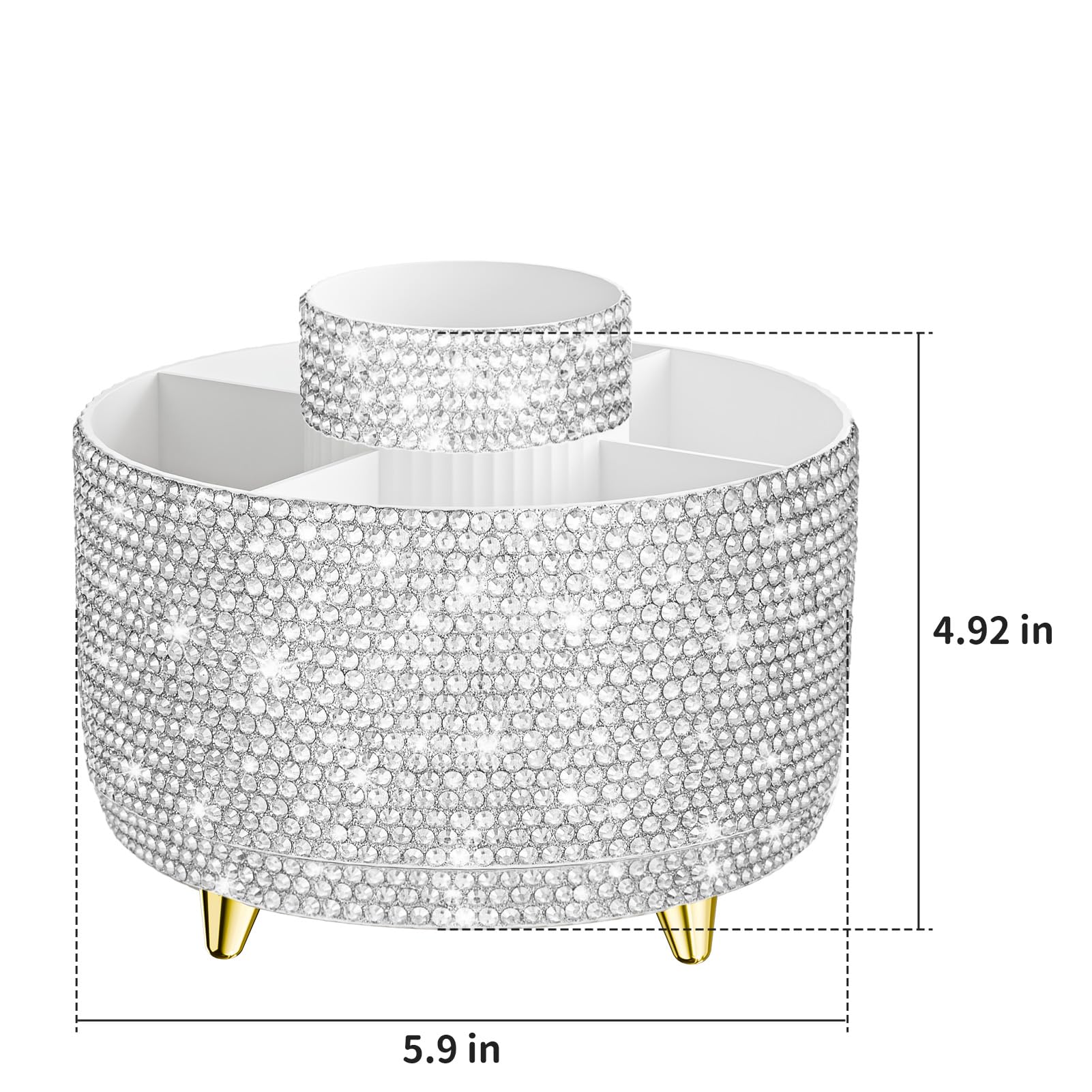 Fanado Bling 360 rotate makeup organizer tilt view highlights rotating convenience.