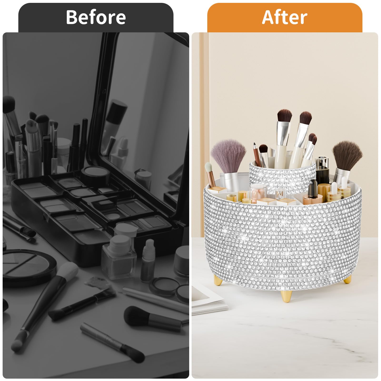 Fanado Bling 360 rotate storage on vanity provides quick access.