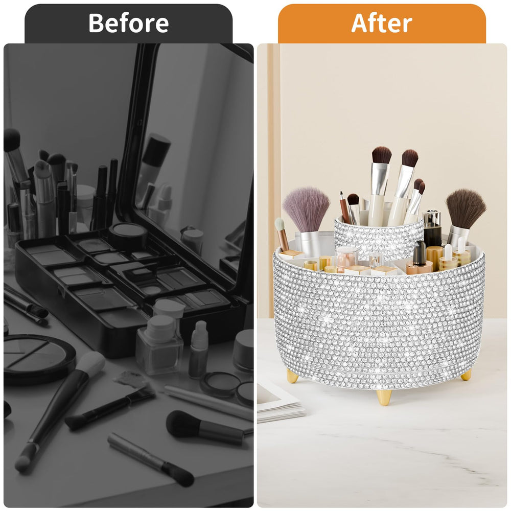 Fanado Bling 360 rotate storage on vanity provides quick access.