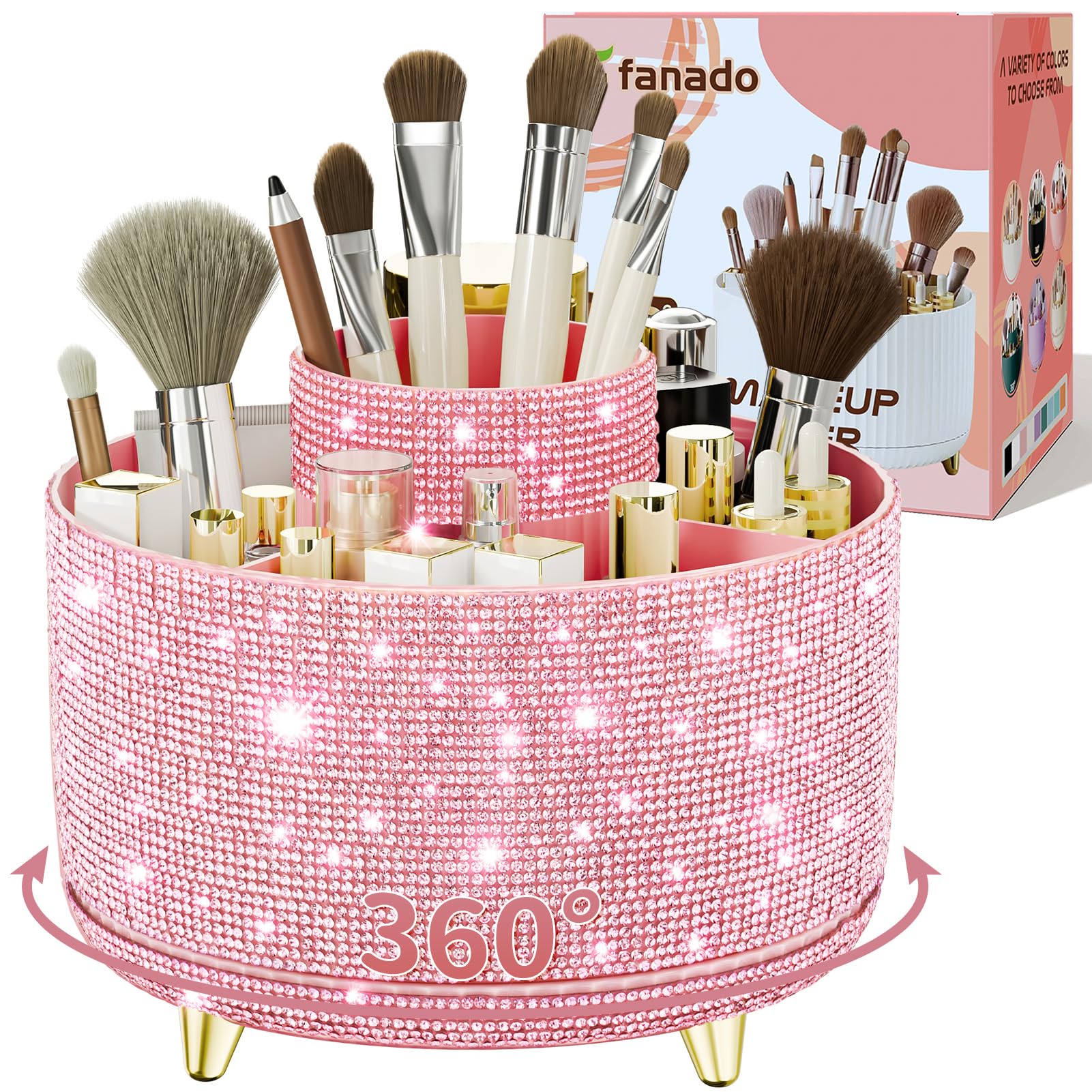 Fanado Diamond Brush Holder in Diamond Pink front view showing sparkling surface for vanity organization