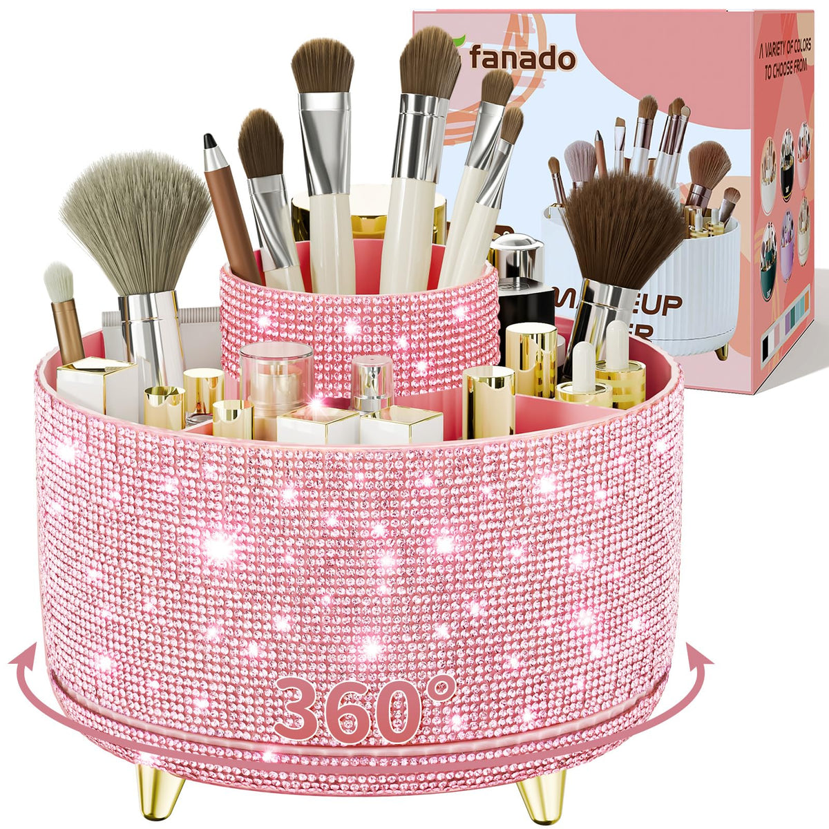 Fanado Diamond Brush Holder in Diamond Pink front view showing sparkling surface for vanity organization