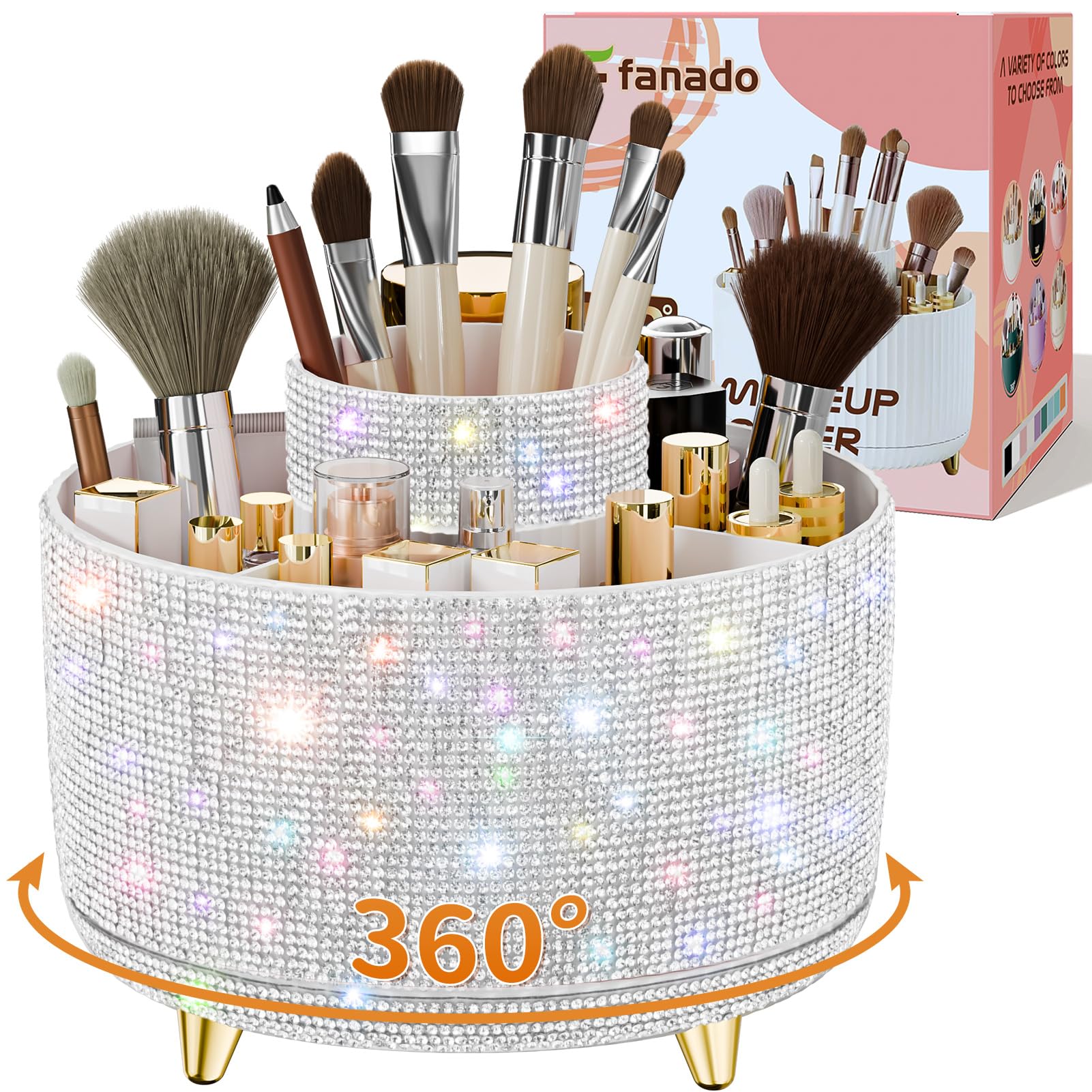 Fanado Bling Diamond makeup brush holder with 360° rotation for easy tool access.