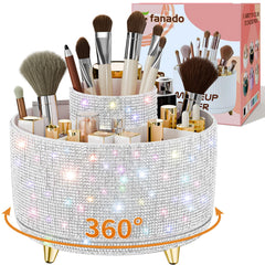 Fanado Bling Diamond makeup brush holder with 360° rotation for easy tool access.