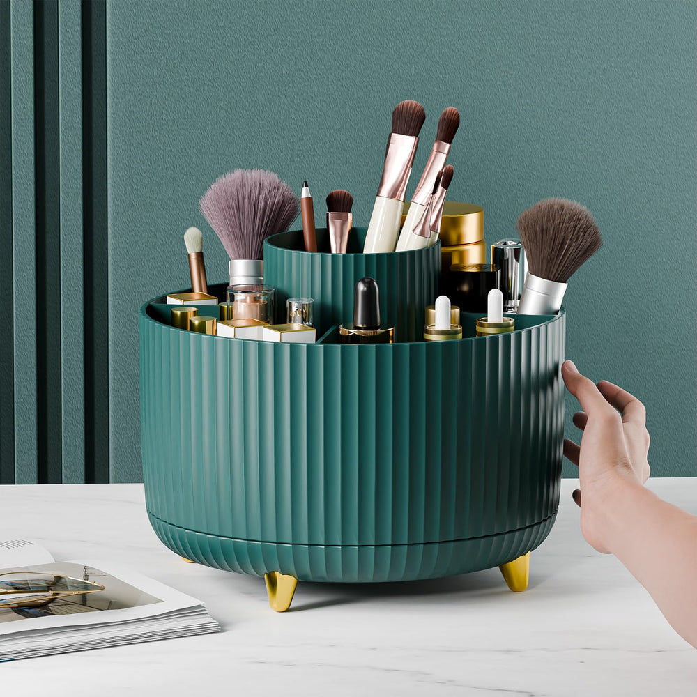 Fanado stylish striped makeup organizer highlights a chic vanity centerpiece.