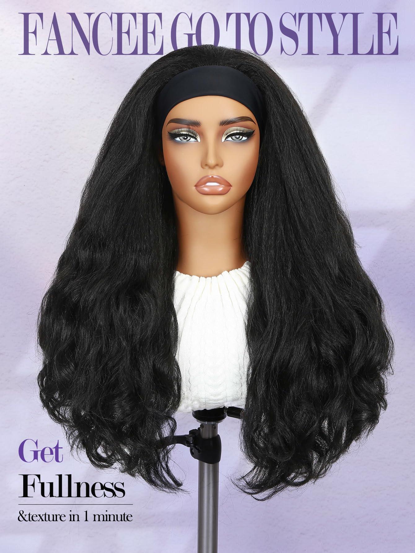 FANCEE Yaki Wavy Headband Wig cap inside highlights secure three-comb design.